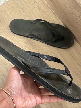 Rainbow Black Leather Flip Flop Sandals